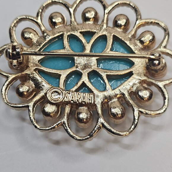 Sarah Coventry Gold Tone Faux Turquoise Pearl Brooch Oval Shape Pin - Picture 4 of 9
